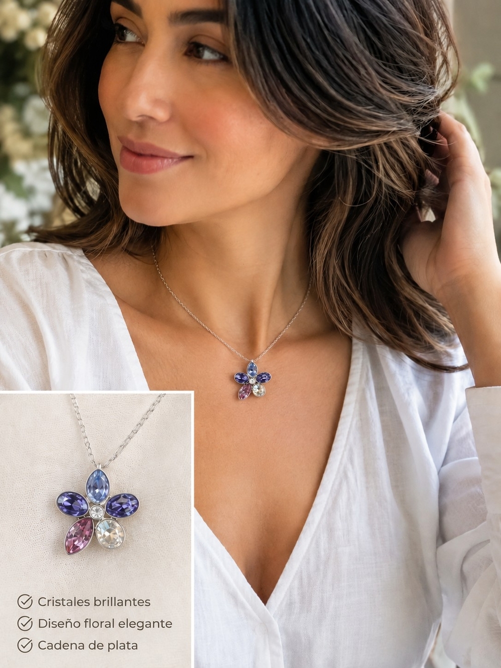 Silver Floral Pendant Necklace with Multicolor Crystals